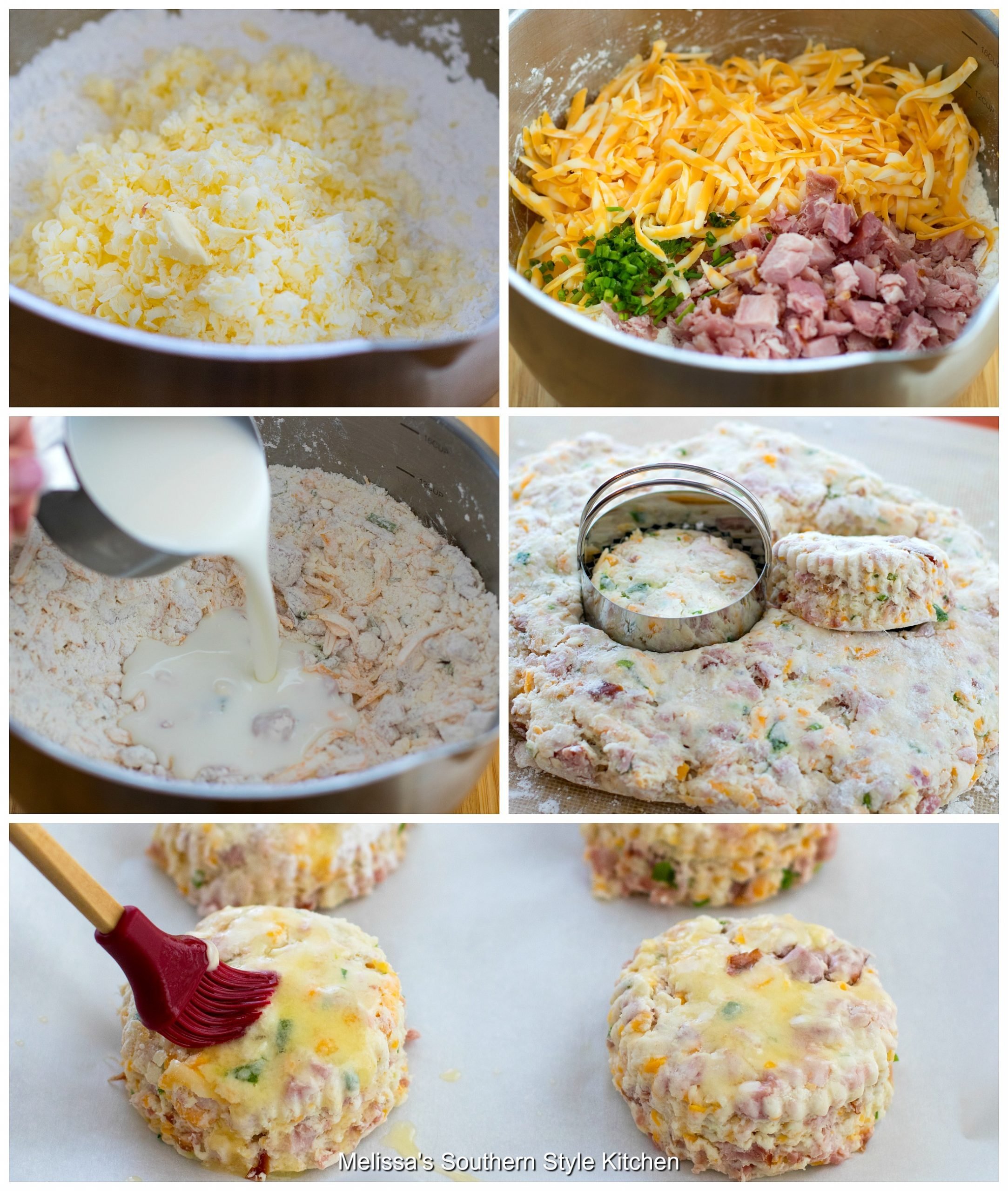 Step-by-step preparation images and ingredients for ham and cheese biscuits