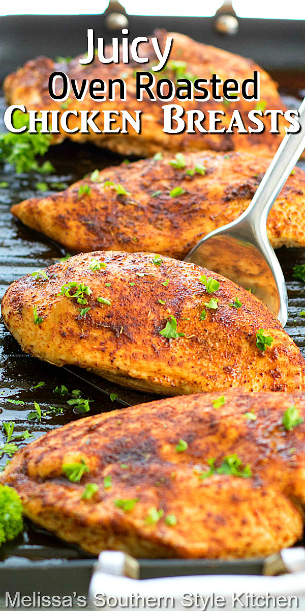 A flavorful spice rub takes these juicy baked chicken breasts to another level of flavor #chickenbreast #chickenrecipes #easychickenrecipes #chickenbreastrecipes #roastchicken #juciychickenrecipes #dinner #dinnerideas #southernfood #southernrecipes