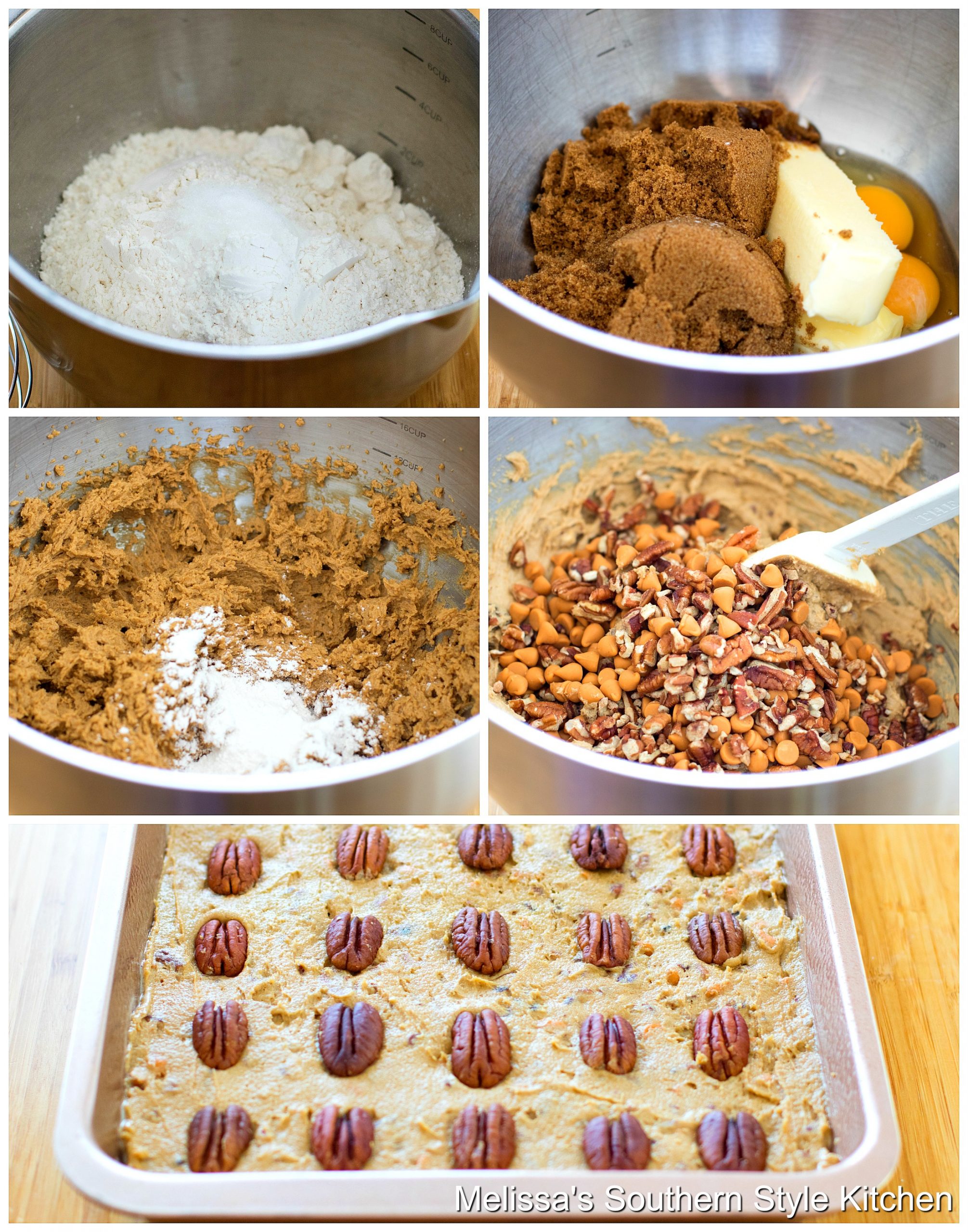 Step-by-step preparation images and ingredients for pecan bars