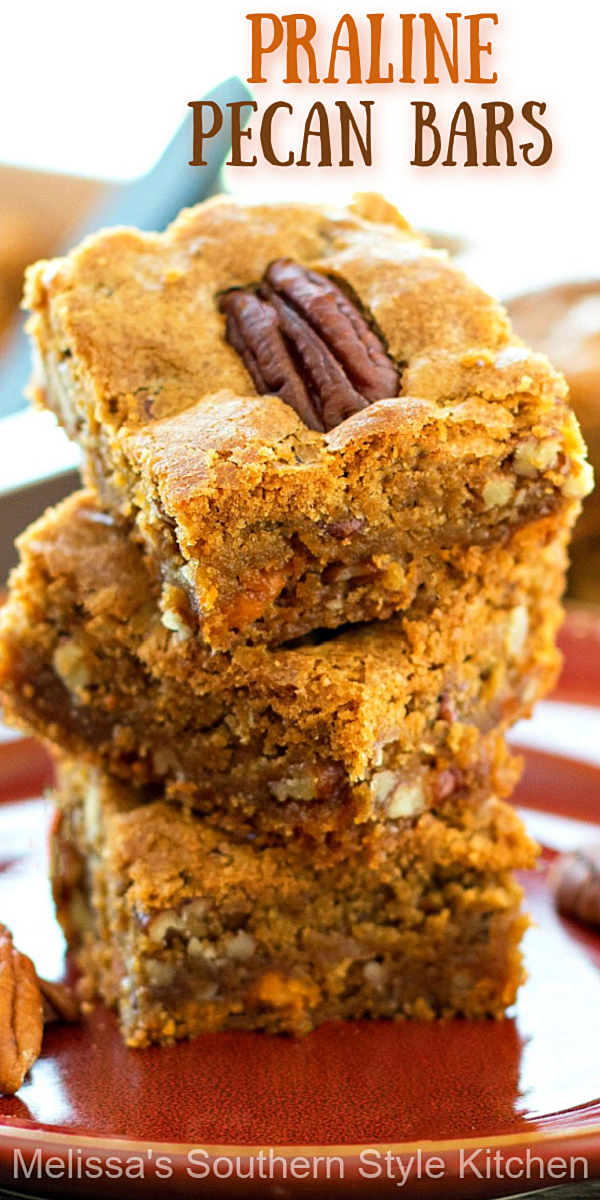 These easy Praline Pecan Bars feature a chewy texture and rich buttery flavor that makes them impossible to resist. #pecanpralines #pecanbars #cookiebars #desserts #dessertfoodrecipes #pralinepecanbars #pecans #southerndesserts #southernfood #southernrecipes #holidaybaking #Christmasrecipes via @melissasssk