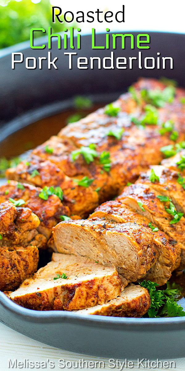 Enjoy this company worthy tender pork tenderloin as a simple meal option any day of the week #porktenderloin #chililimepork #pork #roastpork #chililimerub #dinnerideas #dinner #easyrecipes #southernfood #southernrecipes #lowcarb