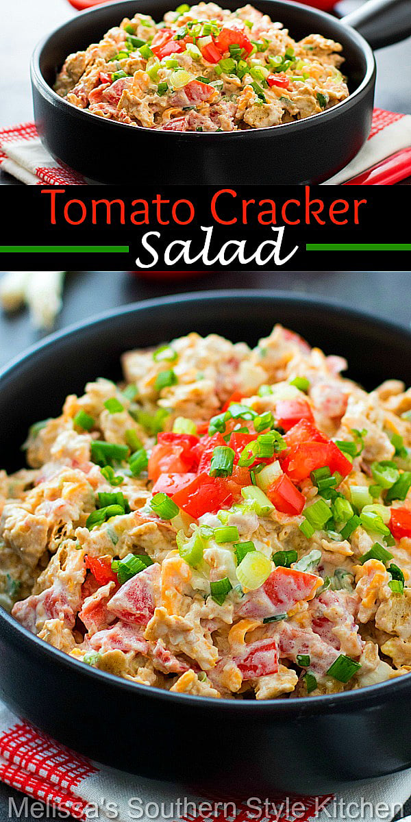 This scrumptious salad features plum tomatoes, green onion and hard boiled egg with a sprinkling of cheddar cheese. Tossed with a seasoned mayonnaise dressing and Saltine crackers it's certain to be the talk of your salads menu. #tomatocrackersalad #crackersalad #tomatosalad #summersides #saladrecipes ##plumtomatoes #tomatorecipes #southernfood #vegetarian #southernrecipes