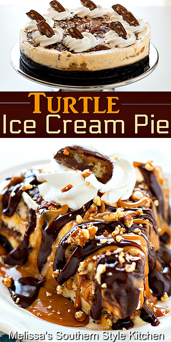 You'll be hooked from the very first bite of this decadent Turtle Ice Cream Pie #icecreampie #turtlepie #caramelicecream #frozenpierecipes #icecream #summerdesserts #summer #dessertfoodrecipes #desserts #hotfudge #pierecipes