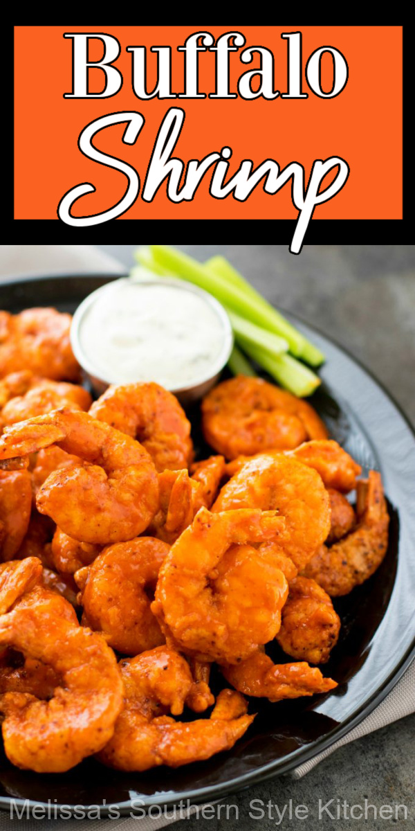 These fiery Buffalo Shrimp will bring the heat to your appetizer and dinner menu #buffaloshrimp #shrimprecipes #seafood #appetizers #buffalosauce #dinnerideas #dinner #food #recipes #seafoodrecipes #shrimp #southernfood #southernrecipes