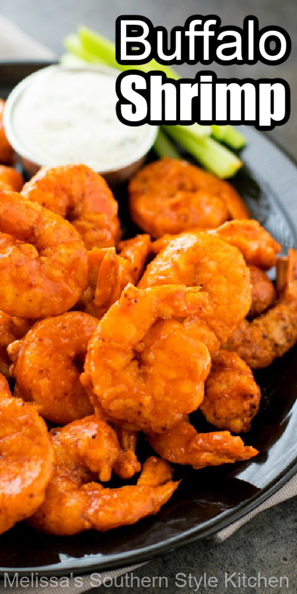 These fiery Buffalo Shrimp will bring the heat to your appetizer and dinner menu #buffaloshrimp #shrimprecipes #seafood #appetizers #buffalosauce #dinnerideas #dinner #food #recipes #seafoodrecipes #shrimp #southernfood #southernrecipes