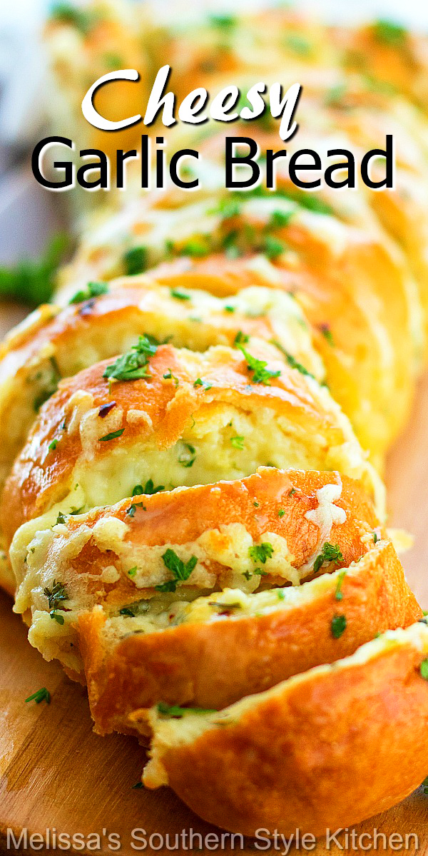 This Cheesy Garlic Bread turns an inexpensive loaf of bread into a gooey million dollar treat #garlicbread #cheesygarlicbread #breadrecipes #easyrecipes #cheese #cheesebread #Italianbread #breadrecipes #sidedishrecipes #dinner #dinnerideas #southernfood #southernrecipes