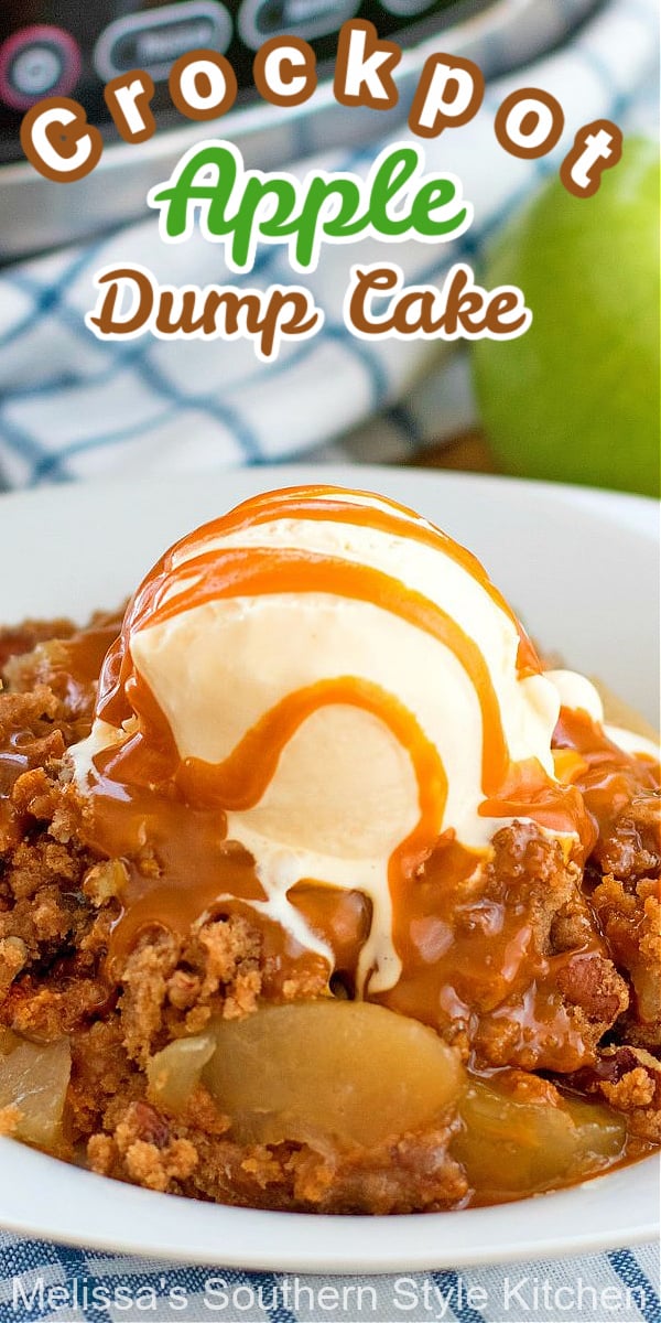 This easy Crockpot Apple Dump Cake takes minutes to assemble. Serve it with a generous scoop of vanilla ice cream and a drizzle of butterscotch ganache for the finish #crockpotappledumpcake #appledumpcake #apples #fallbaking #thanksgivingrecipes #slowcookercakes #cakerecipes #applecake #butterscotchsauce #cakes #dumpcakes #southernrecipes #southernfood