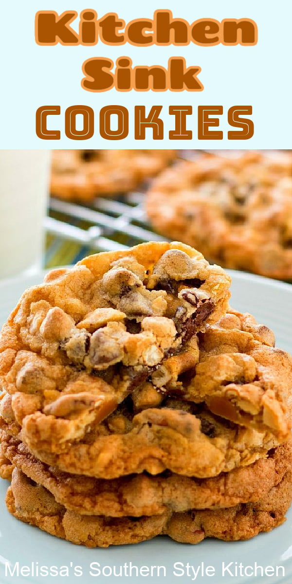 These sweet and salty Kitchen Sink Cookies are fully loaded with chocolate and peanut butter chips, peanuts, caramel bits and pretzels #kitchensinkcookies #cookies #cookierecipes #chocolatechipcookies #sweets #christmascookies #holidaybaking #holidays #desserts #dessertfoodrecipes #southernfood #southernrecipes