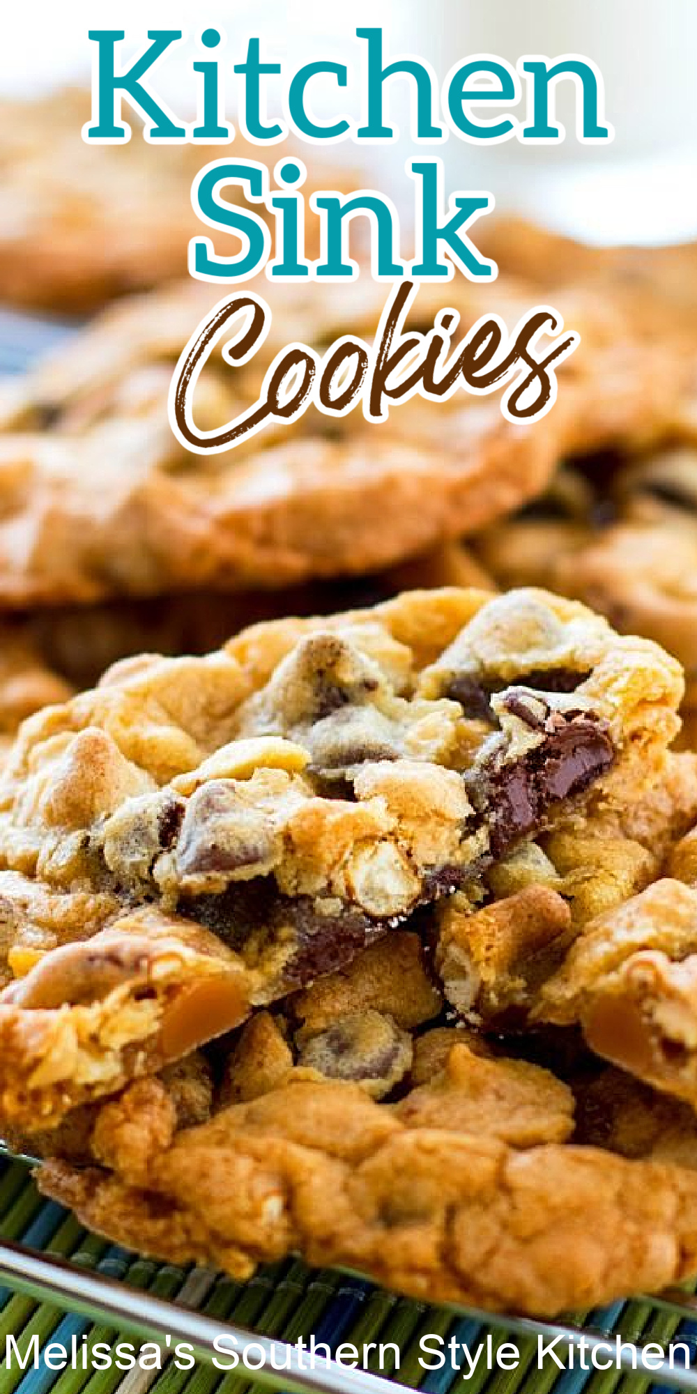 These sweet and salty Kitchen Sink Cookies are fully loaded with chocolate and peanut butter chips, peanuts, caramel bits and pretzels #kitchensinkcookies #cookies #cookierecipes #chocolatechipcookies #sweets #christmascookies #holidaybaking #holidays #desserts #dessertfoodrecipes #southernfood #southernrecipes