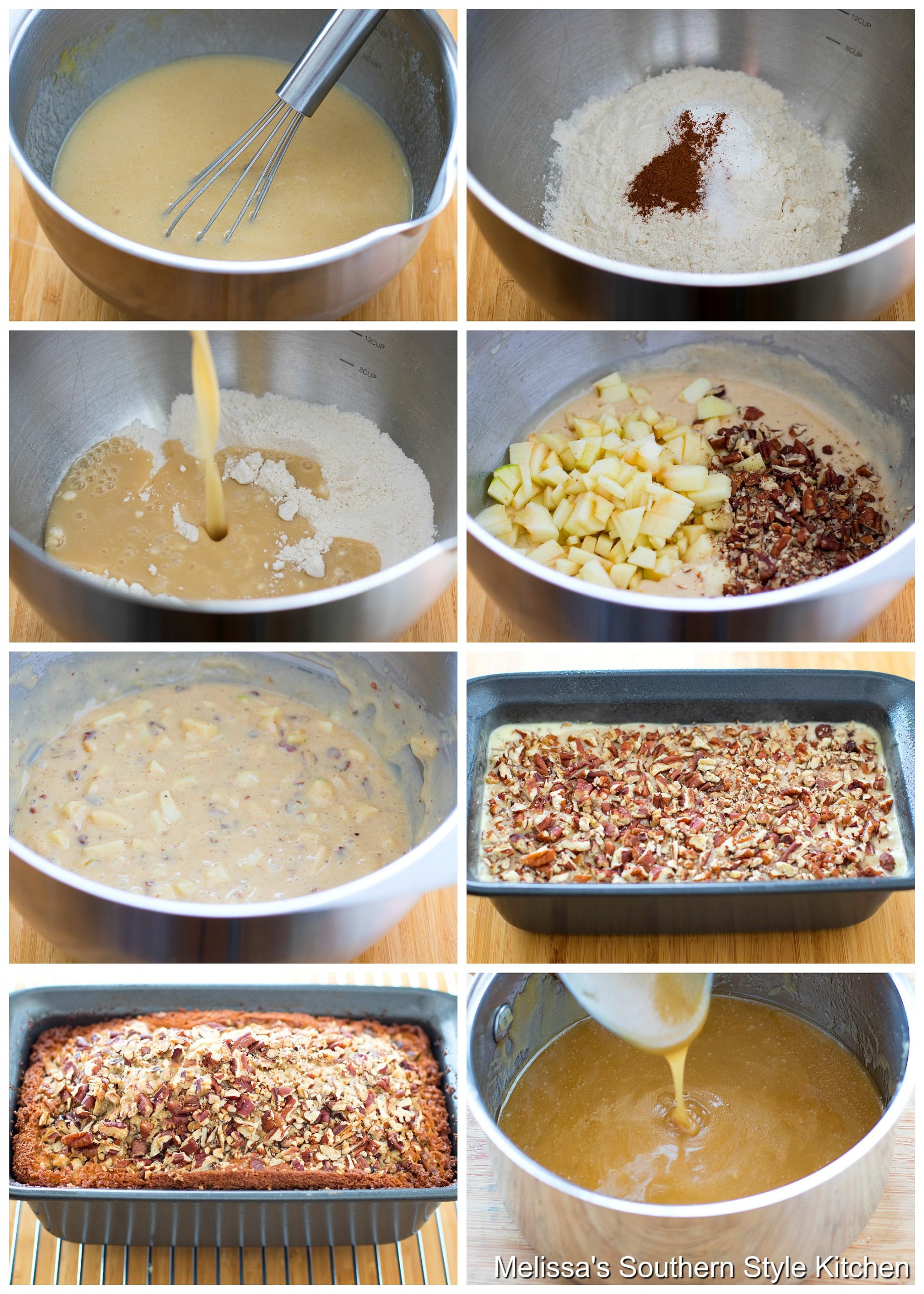 Step-by-step preparation images and ingredients for apple bread