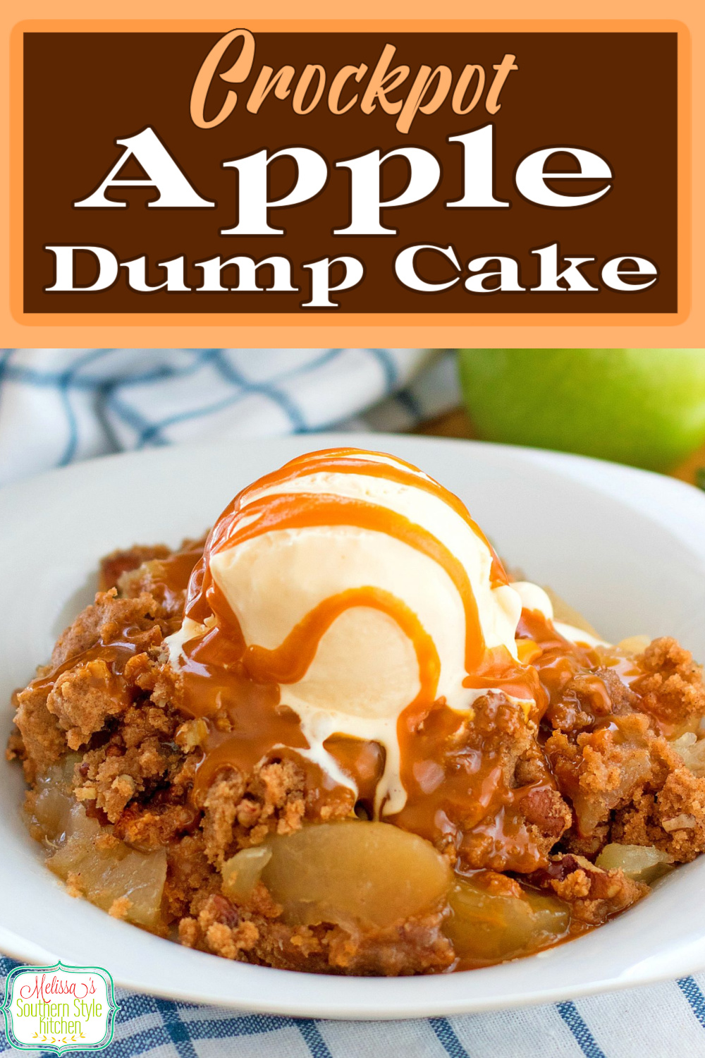 This easy Crockpot Apple Dump Cake takes minutes to assemble. Serve it with a generous scoop of vanilla ice cream and a drizzle of butterscotch ganache for the finish #crockpotappledumpcake #appledumpcake #apples #fallbaking #thanksgivingrecipes #slowcookercakes #cakerecipes #applecake #butterscotchsauce #cakes #dumpcakes #southernrecipes #southernfood via @melissasssk