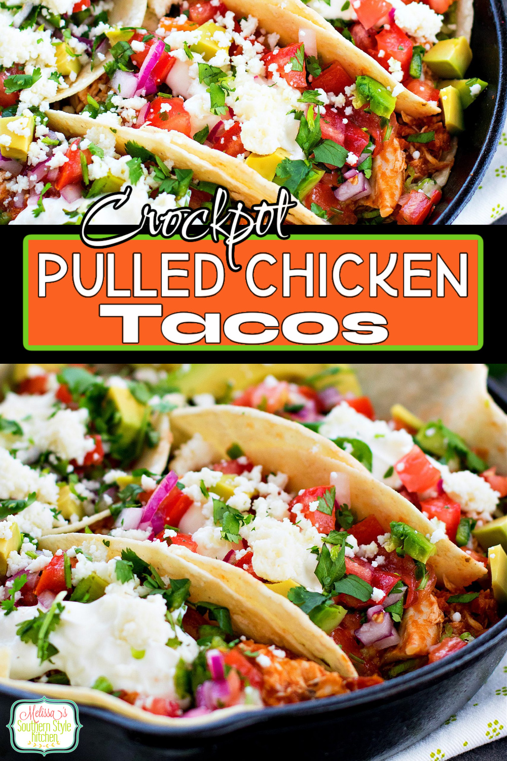 Simmered in a slow cooker these Crockpot Pulled Chicken Tacos will create a homestyle fiesta any night of the week #chickentacos #crockpotchicken #tacos #easychickenbreastrecipes #chicken #slowcookerchicken #crockpotrecipes #TacoTuesday #dinnerideas #dinner #southernfood #southernrecipes #mexicanfood via @melissasssk