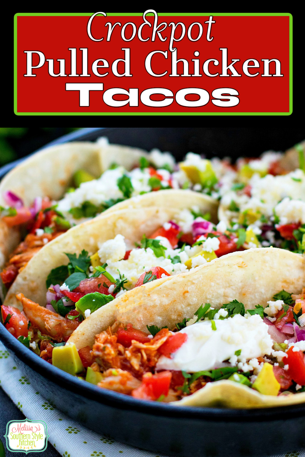 Simmered in a slow cooker these Crockpot Pulled Chicken Tacos will create a homestyle fiesta any night of the week #chickentacos #crockpotchicken #tacos #easychickenbreastrecipes #chicken #slowcookerchicken #crockpotrecipes #TacoTuesday #dinnerideas #dinner #southernfood #southernrecipes #mexicanfood via @melissasssk