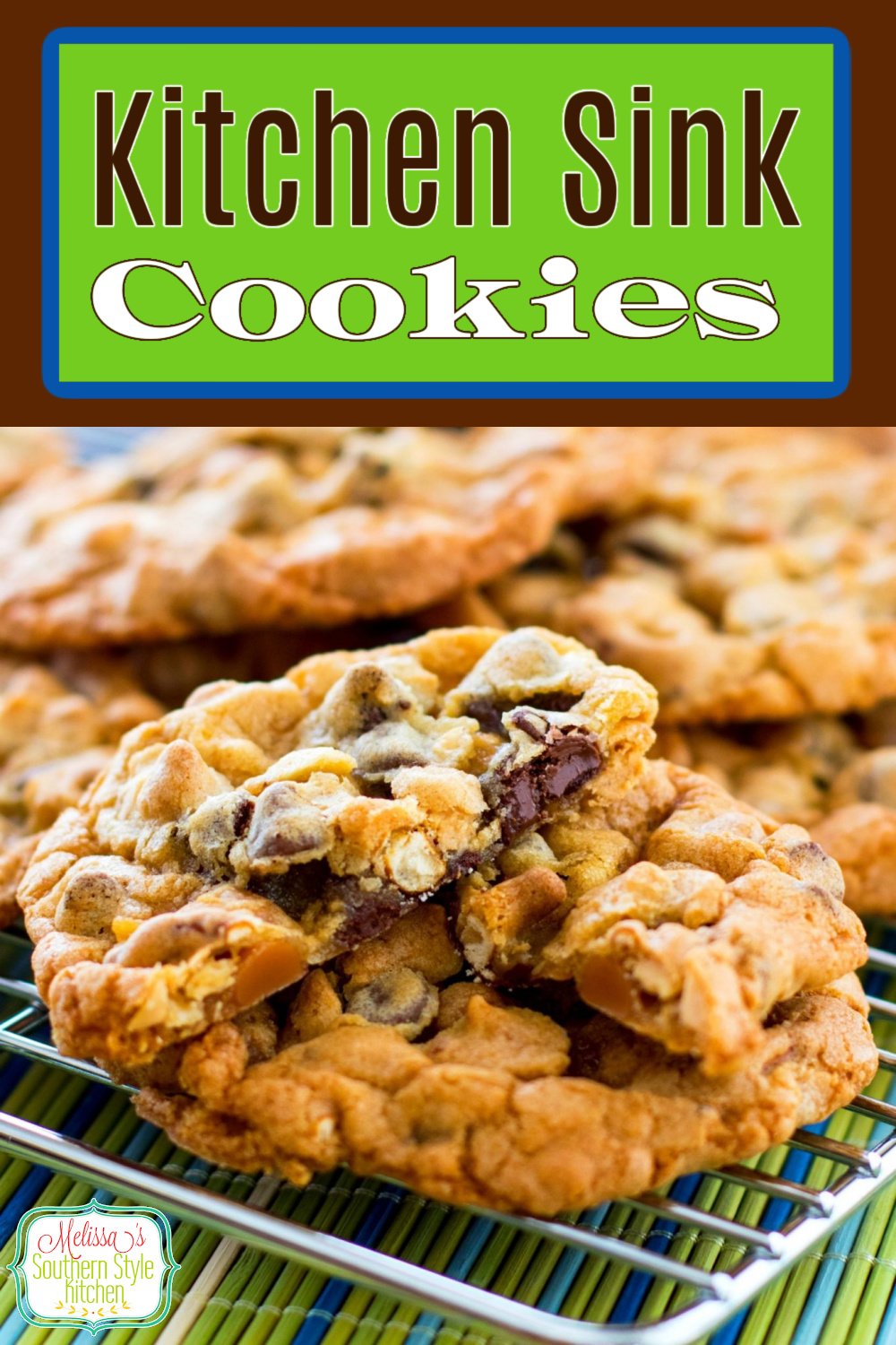 These sweet and salty Kitchen Sink Cookies are fully loaded with chocolate and peanut butter chips, peanuts, caramel bits and pretzels #kitchensinkcookies #cookies #cookierecipes #chocolatechipcookies #sweets #christmascookies #holidaybaking #holidays #desserts #dessertfoodrecipes #southernfood #southernrecipes via @melissasssk