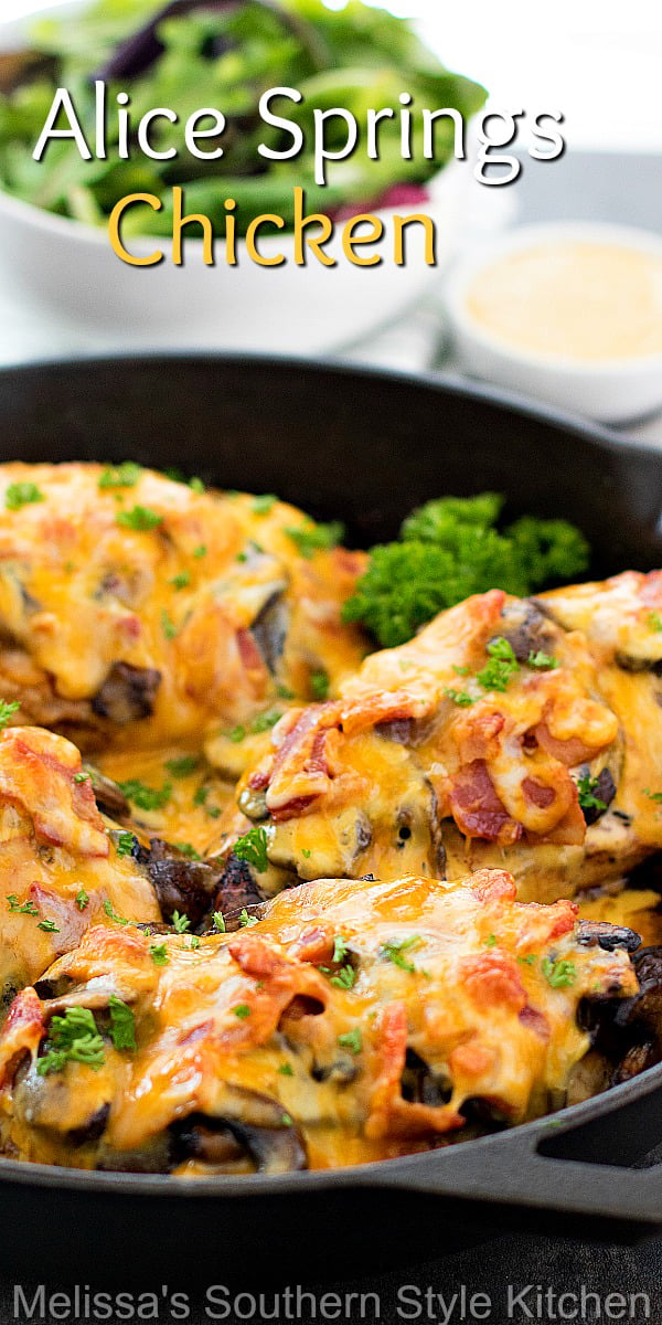 This better-than-copycat Alice Springs Chicken will have you dining on a restaurant favorite at your own kitchen table #alicespringschicken #copycatrecipes #easychickenbreastrecipes #poultry #chickenrecipes #dinner #dinnerideas #honeymustard #copycatalicespringschicken #mushrooms #southernfood #southernrecipes