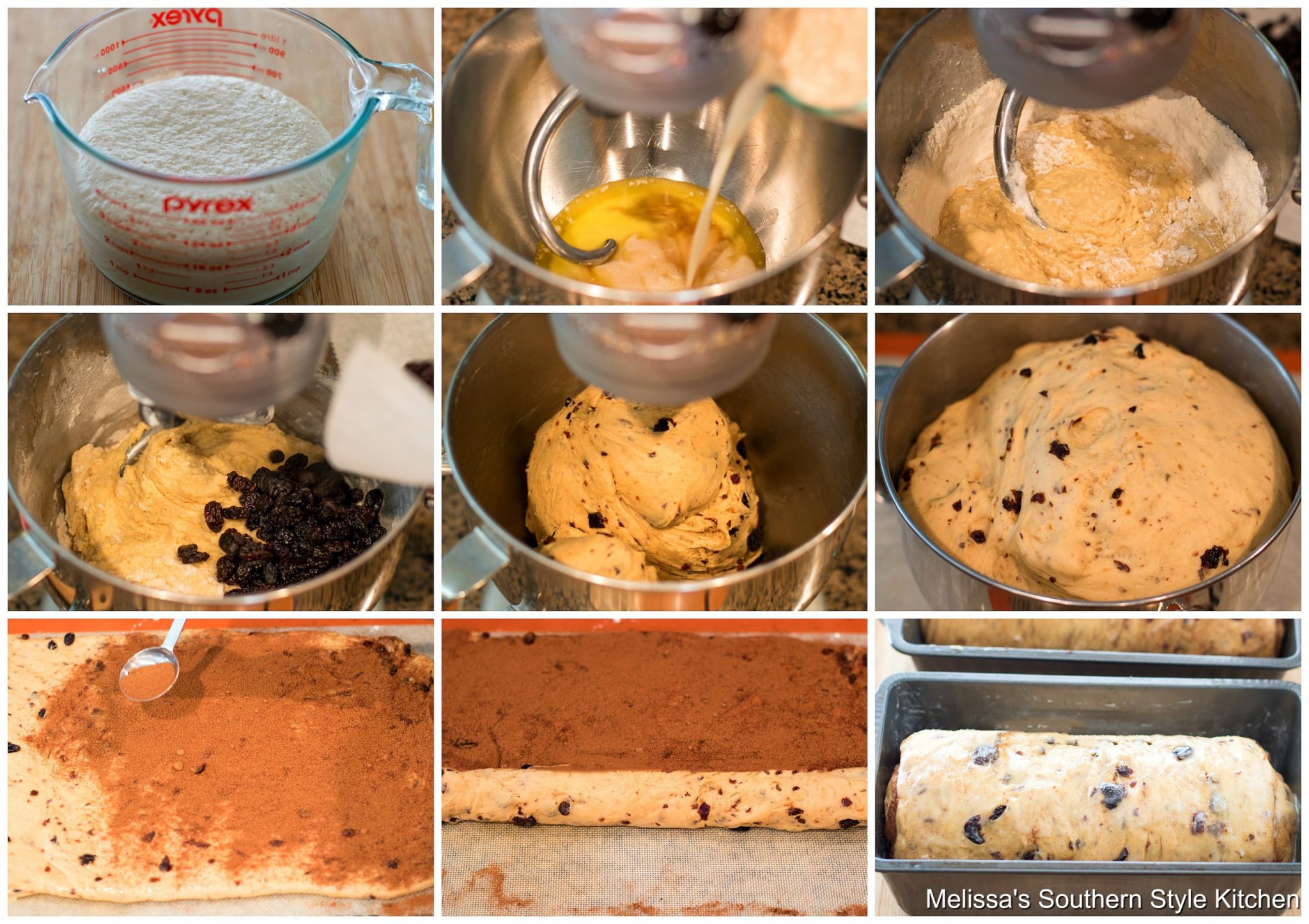 Step-by-step preparation images for cinnamon raisin bread