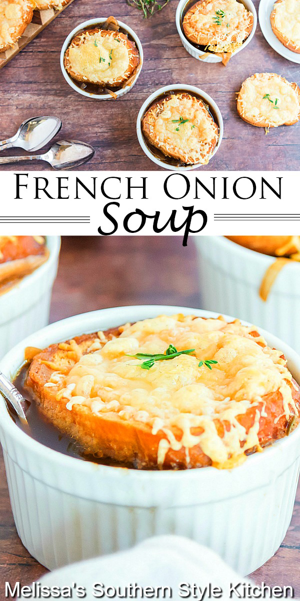 This rich and tasty French Onion Soup features sweet caramelized onions balance perfectly with the buttery Gruyere cheese bread topping #frenchonionsoup #souprecipes #caramelizedonions #soup #dinnerideas #dinner #southernfood #southernrecipes #easyrecipes #recipeswithonions #onionsoup