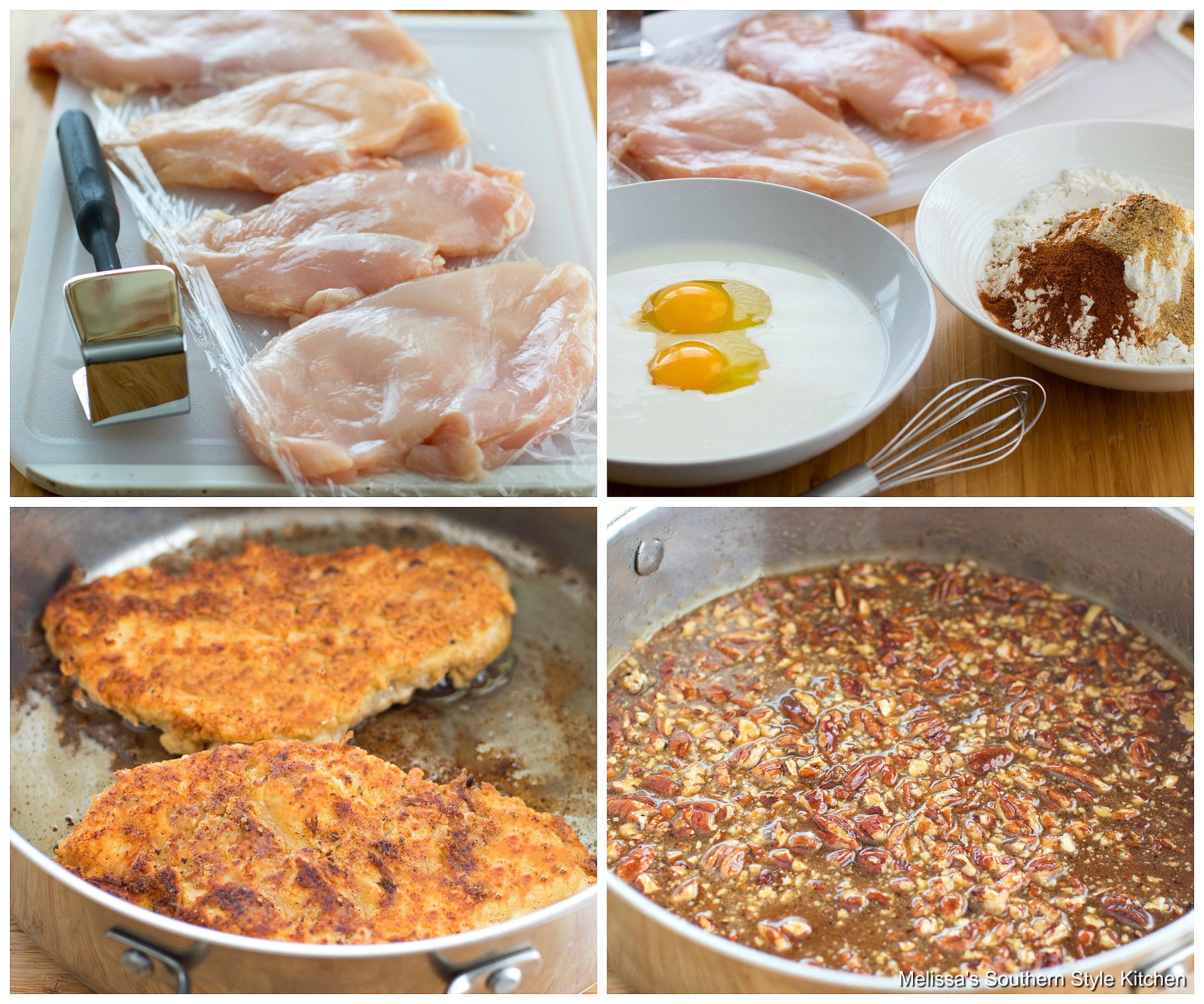 Step-by-step preparation images for honey pecan chicken