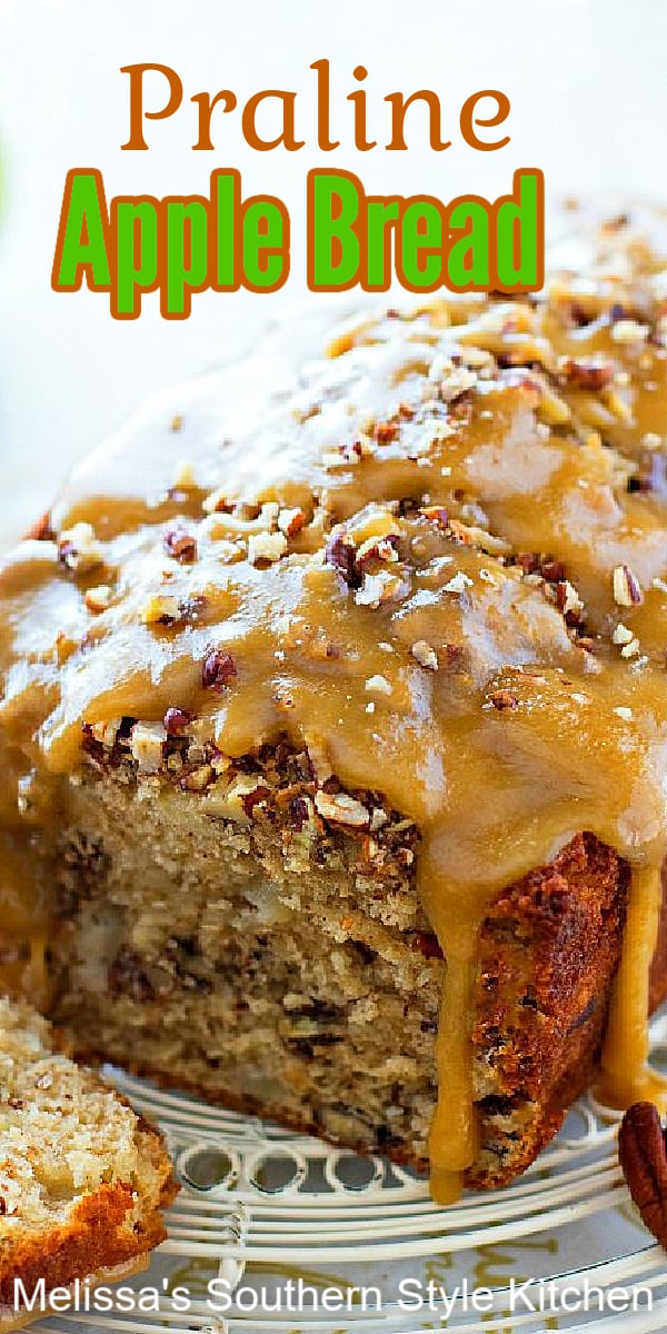 This decadent Praline Apple Bread is the epitome of indulgence. Enjoy it for breakfast, brunch or as a mid-morning treat #applebread #pralineapplebread #apples #applerecipes #harvestapplebread #quickbreadrecipes #brunch #breakfast #holidaybaking #fallrecipes #breadrecipes #apple #southernfood #southernrecipes