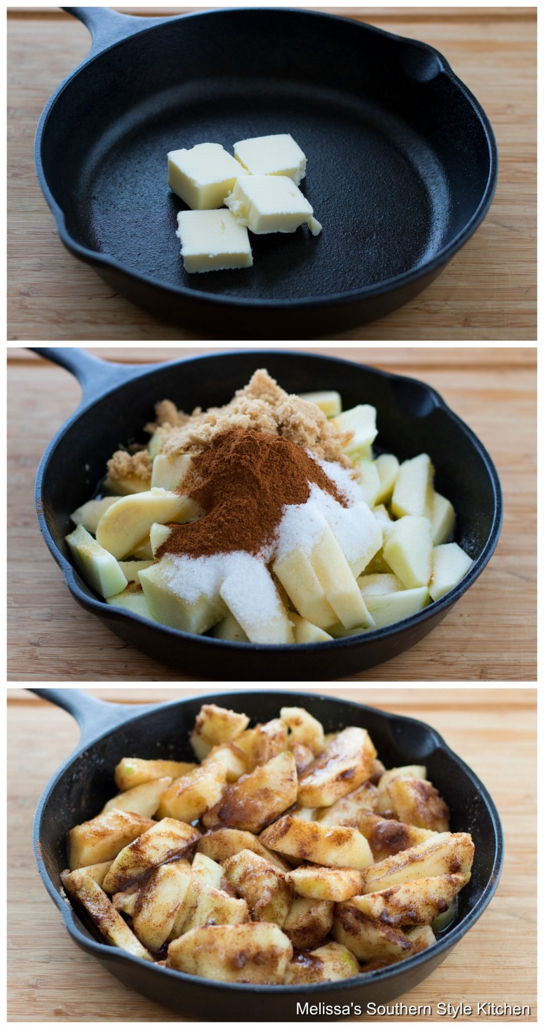 Step-by-step preparation images and ingredients for fried apples