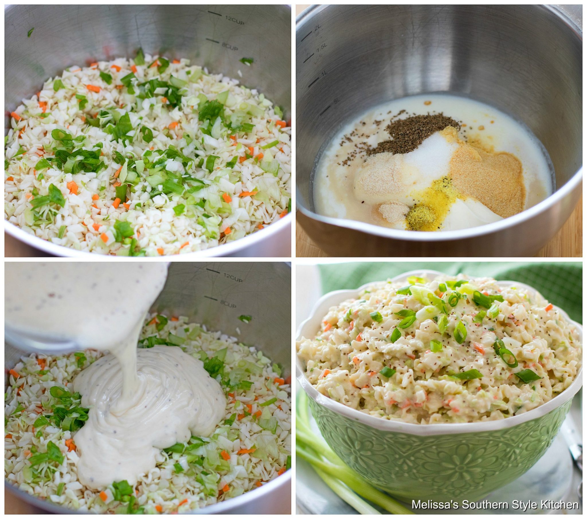 Step-by-step preparation images and ingredients for cole slaw