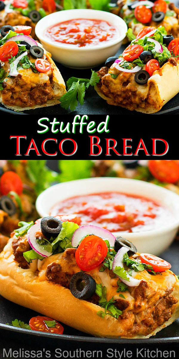 Top this open faced Taco Stuffed Bread with your favorite taco fixins' then slice and serve #tacos #tacostuffedbread #tacorecipes #easygroundbeefrecipes #mexican #mexicanfood #breadrecipes #dinner #appetizers #gamedayfood ##superbowlfood #tacobread #taco #southernfood #southernrecipes via @melissasssk