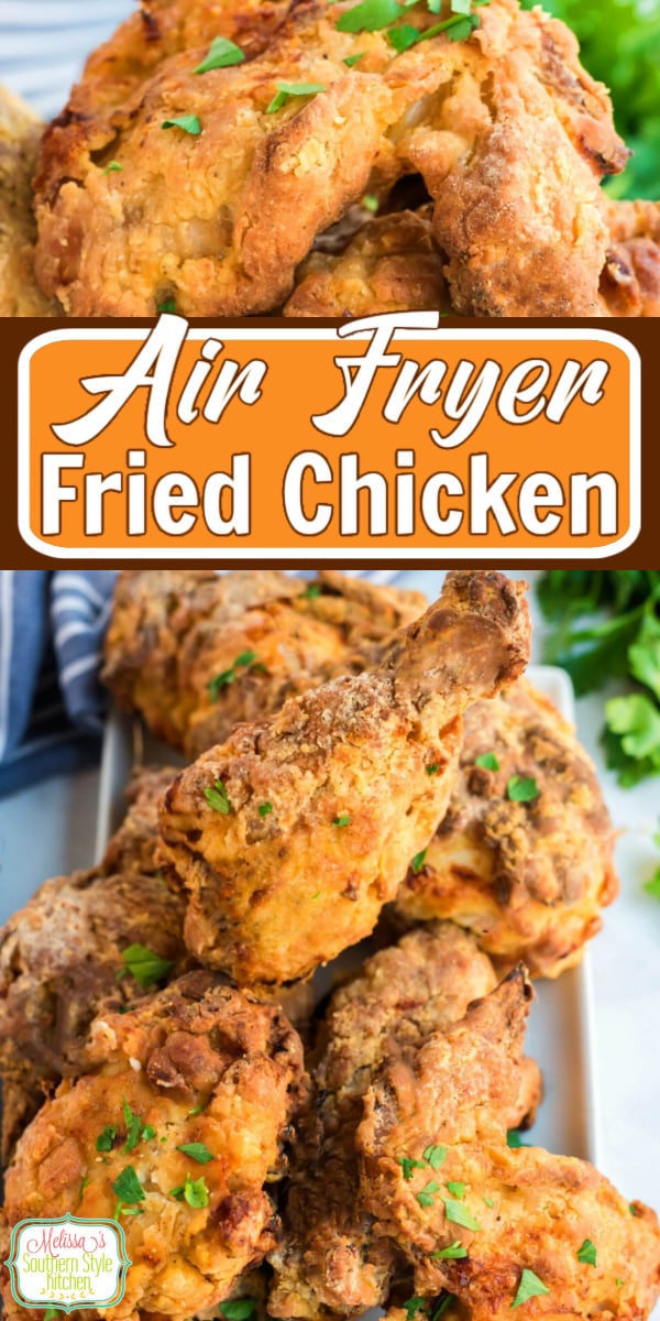 Ditch the oil and treat yourself to crispy Air Fryer Southern Fried Chicken for supper #friedchicken #airfryerfriedchicken #friedchickenrecipes #southernfriedchicken #southernfriedchicken #chickenrecipes #southernfood #airfryer #southernrecipes via @melissasssk