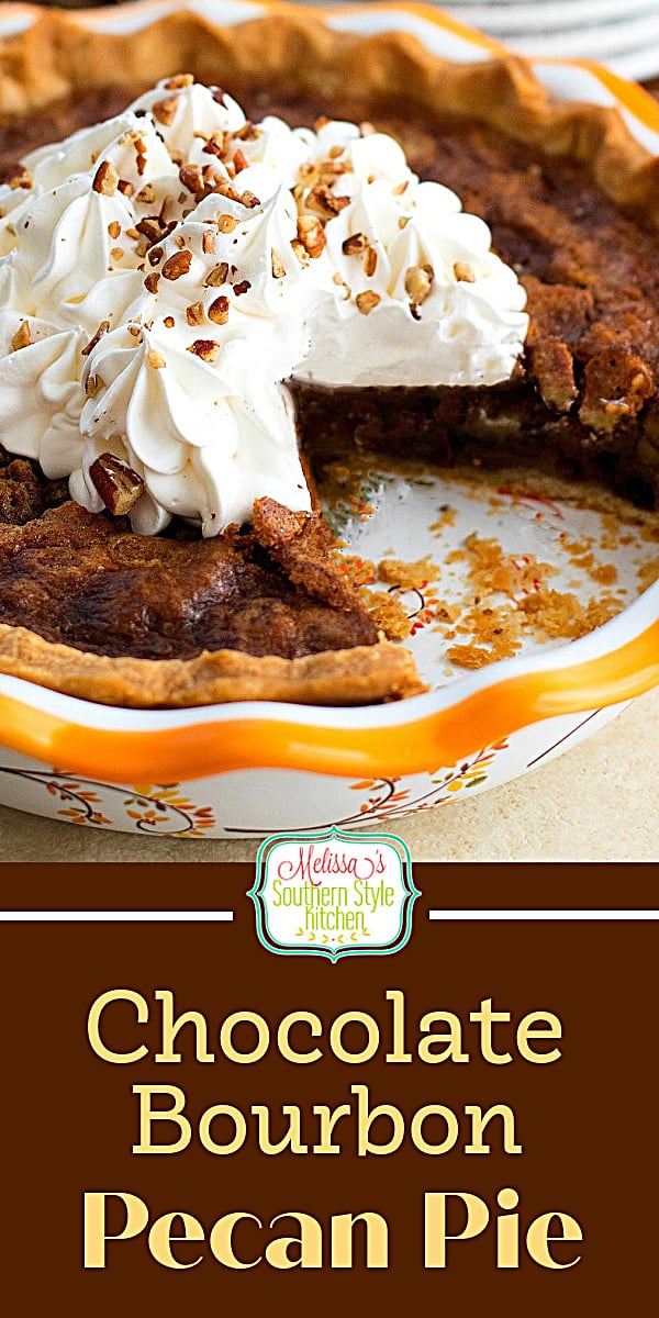 Treat yourself to a piece of this indulgent bourbon infused chocolate chip pecan pie with a scoop of vanilla ice cream #chocolatepecanpie #pierecipes #pecanpie #chocolatechips #southernpecanpie #kentuckyderbydesserts #holidaybaking #holidayrecipes #southernfood #southernrecipes