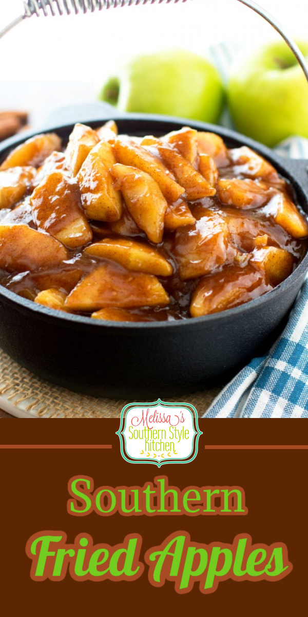 Serve these fried apples as a side dish with chicken, ham or pork, ladled over biscuits and pancakes or for dessert with vanilla ice cream #southernfriedapples #friedapples #applerecipes #sikdedishrecipes #fruit #appledesserts #dessertfoodrecipes #desserts #fallbaking #thanksgiving #southernfood #soujthernrecipes #brunch #breakfast #dinnerideas