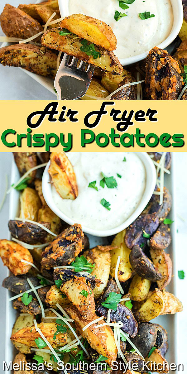 These stunning multi-colored Air Fryer Crispy Potatoes make an impressive side dish. They're easy enough for weekday dining yet, special enough for entertaining family and friends. #airfryerpotatoes #crispypotatoes #airfryerrecipes #potatorecipes #airfryercrispypotatoes #sidedishrecipes #friedpotatoes #southernrecipes #rainbowpotatoes #multicoloredpotatoes