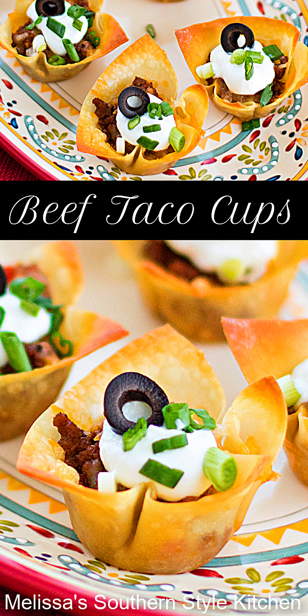 These two-bite Beef Taco Cups are made with wonton wrappers for the crust. top with your favorite taco fixin's and devour #beeftacos #beeftacocups #tacorecipes #appetizers #mexicanfood #partyfood #easygroundbeefrecipes #gamedayfood #snacks #southernfood #southernrecipes #superbowlsnacks