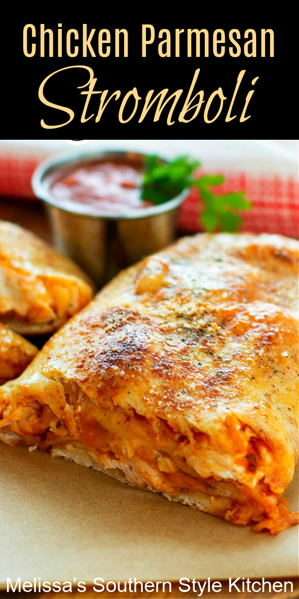 Enjoy this family-style Chicken Parmesan Stromboli with warm pizza sauce on the side, for casual meals and snacking #chickenparmesan #chickenstromboli #easychickenparmesan #easychickerecipes #chicken #snacks #gamedayfood #stromboli #pizzadough #dinner #dinnerideas #Italianstromboli