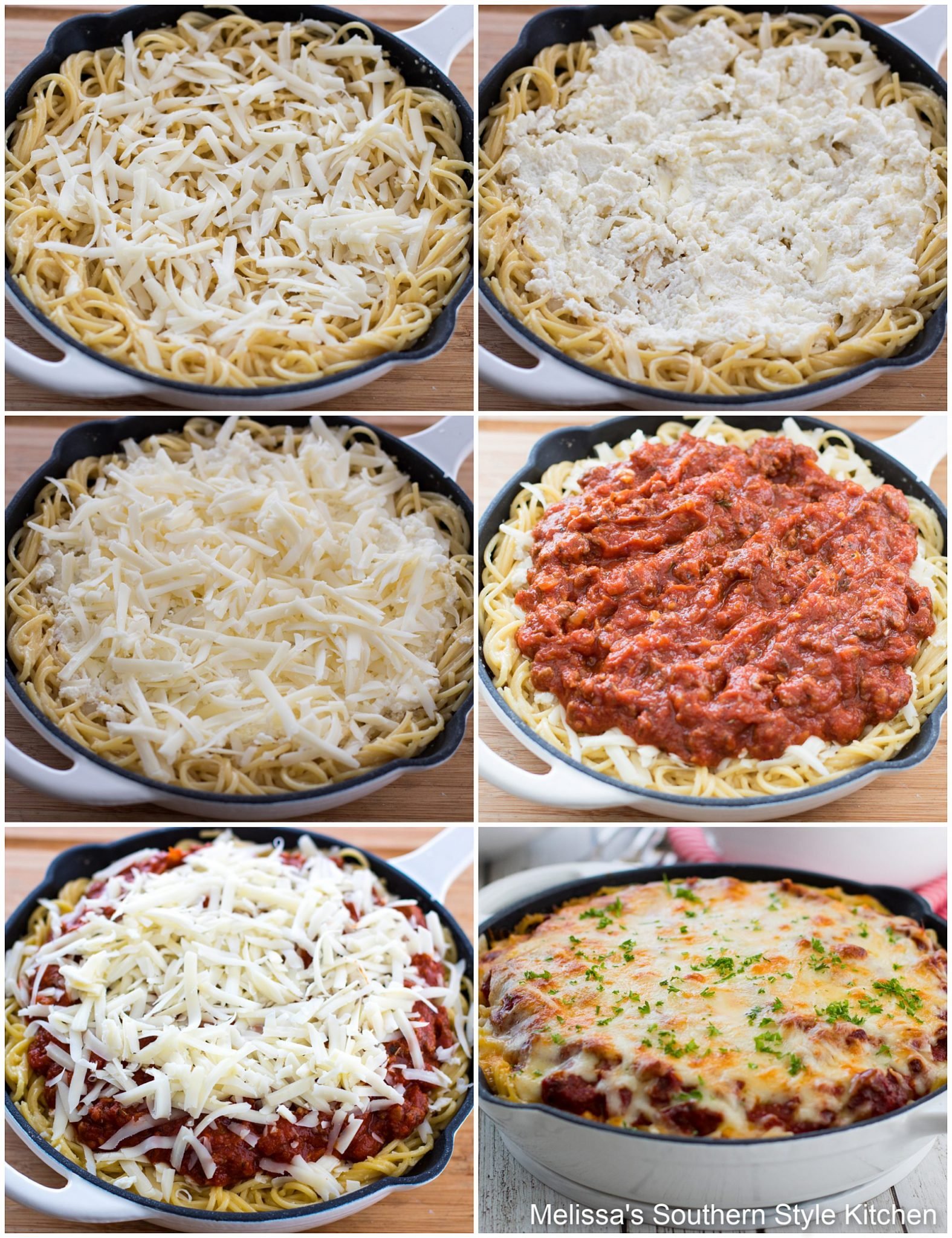 pasta, cheese and step-by-step images for preparing spaghetti pie