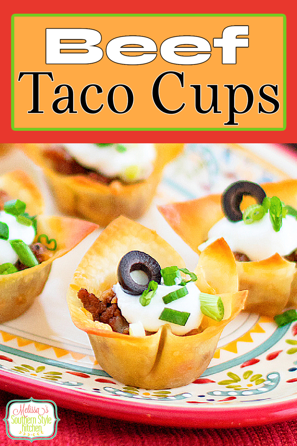 These two-bite Beef Taco Cups are made with wonton wrappers for the crust. top with your favorite taco fixin's and devour #beeftacos #beeftacocups #tacorecipes #appetizers #mexicanfood #partyfood #easygroundbeefrecipes #gamedayfood #snacks #southernfood #southernrecipes #superbowlsnacks via @melissasssk