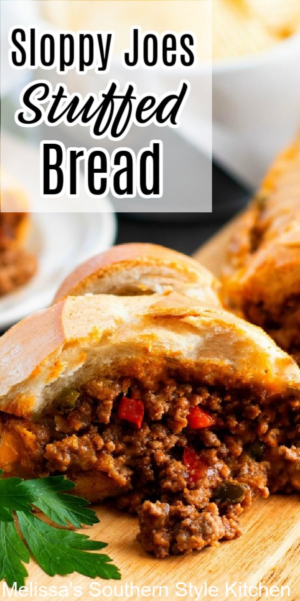 Skip the buns and make this family-style Sloppy Joes Stuffed Bread, instead. Add a side of chips and it's dinner-time in no time flat. #sloppyjoes #sloppyjoesstuffedbread #stuffedbreadrecipes #easygroundbeefrecipes #bestsloppyjoes #dinner #dinnerideas #southernfood #southernrecipes