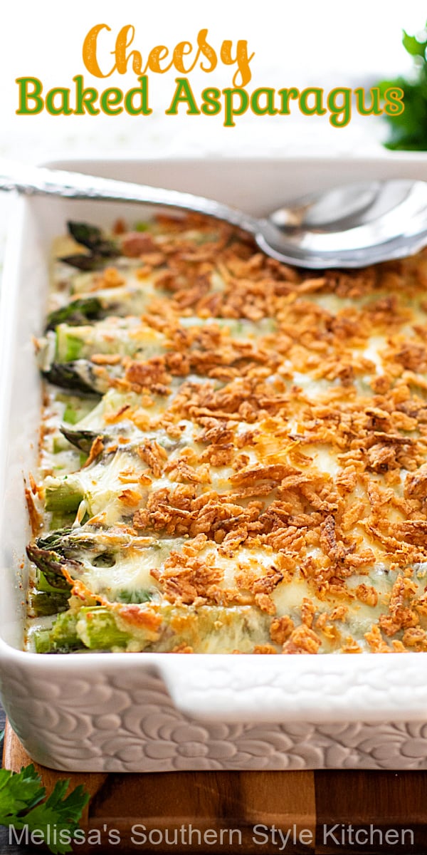 This oven roasted Cheesy Baked Asparagus is a decadent side dish that will elevate your side dish options #cheesybakedasparagus #asapragusrecipes #roastedasparagus #freshasparagusrecipes #southernrecipes