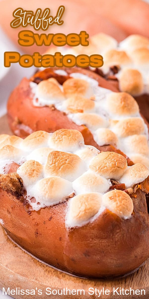 These Stuffed Sweet Potatoes are filled with a buttery amalgamation of brown sugar and pecans topped with toasted gooey mini marshmallows #sweetpotatoes #stuffedsweetpotatoes #sweetpotatocasserole #bakedsweetpotatoes #holidaysidedishrecipes #thanksgivingrecipes #easterrecipes #christmasrecipes #southernfood #southernrecipes