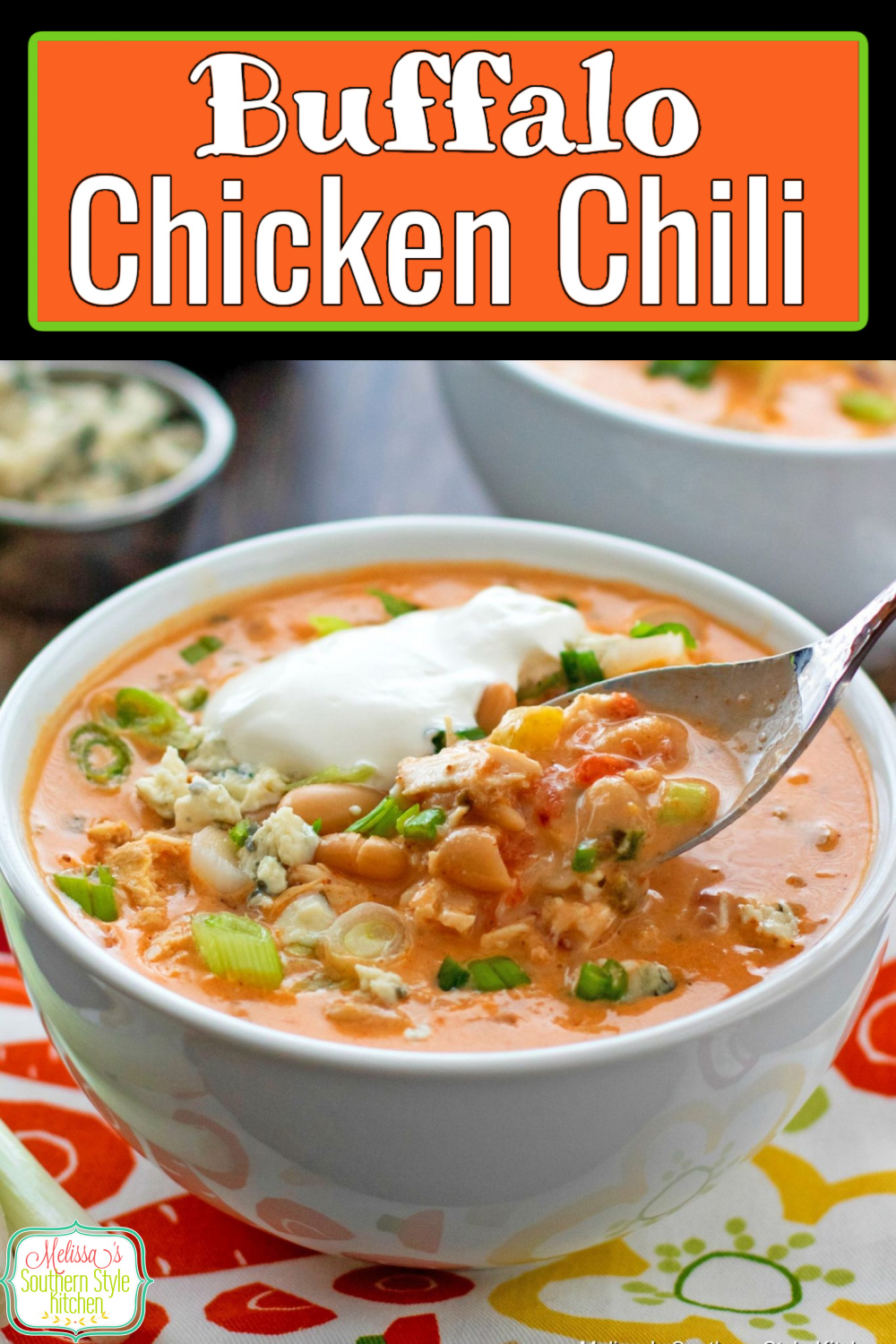 Topped with bleu cheese crumbles and sliced green onion, this Buffalo Chicken Chili is sure to bring the heat to your meal #chickenchili #buffalochickenchili #buffalochicken #hotwings #easychickenrecipes #bestchickenrecipes #maindishrecipes #dinner #dinnerideas #southernfood #southernrecipes via @melissasssk