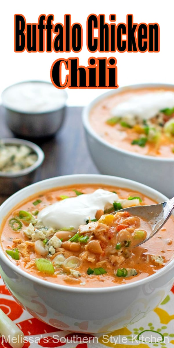 Topped with bleu cheese crumbles and sliced green onion, this Buffalo Chicken Chili is sure to bring the heat to your meal #chickenchili #buffalochickenchili #buffalochicken #hotwings #easychickenrecipes #bestchickenrecipes #maindishrecipes #dinner #dinnerideas #southernfood #southernrecipes