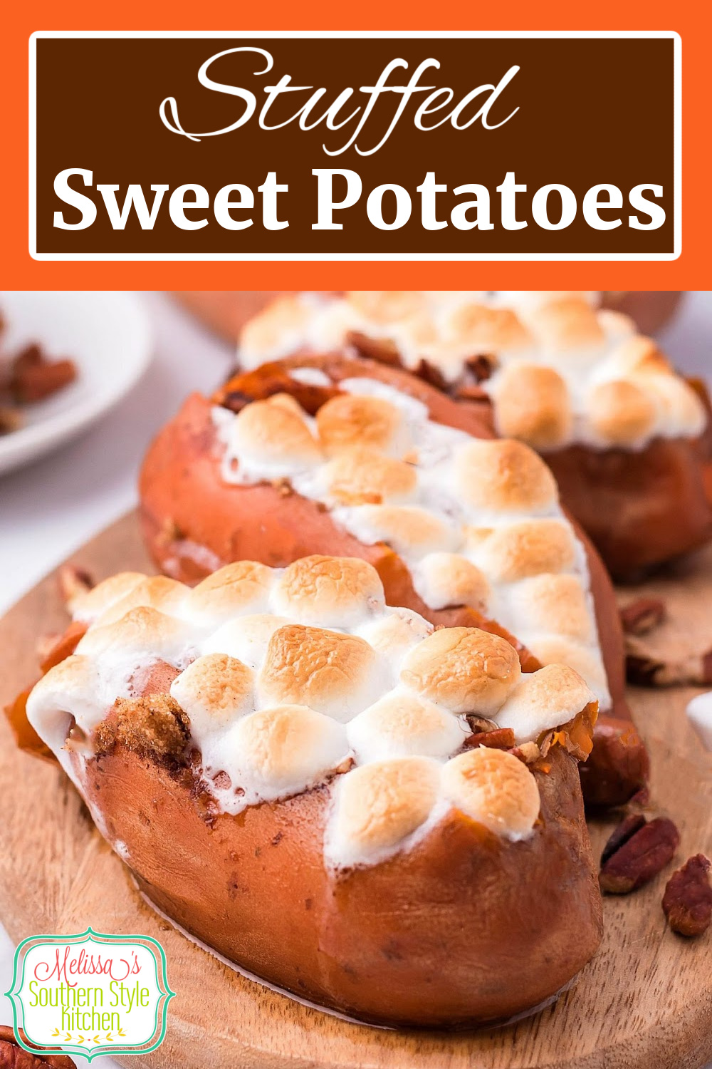 These Stuffed Sweet Potatoes are filled with a buttery amalgamation of brown sugar and pecans topped with toasted gooey mini marshmallows #sweetpotatoes #stuffedsweetpotatoes #sweetpotatocasserole #bakedsweetpotatoes #holidaysidedishrecipes #thanksgivingrecipes #easterrecipes #christmasrecipes #southernfood #southernrecipes via @melissasssk