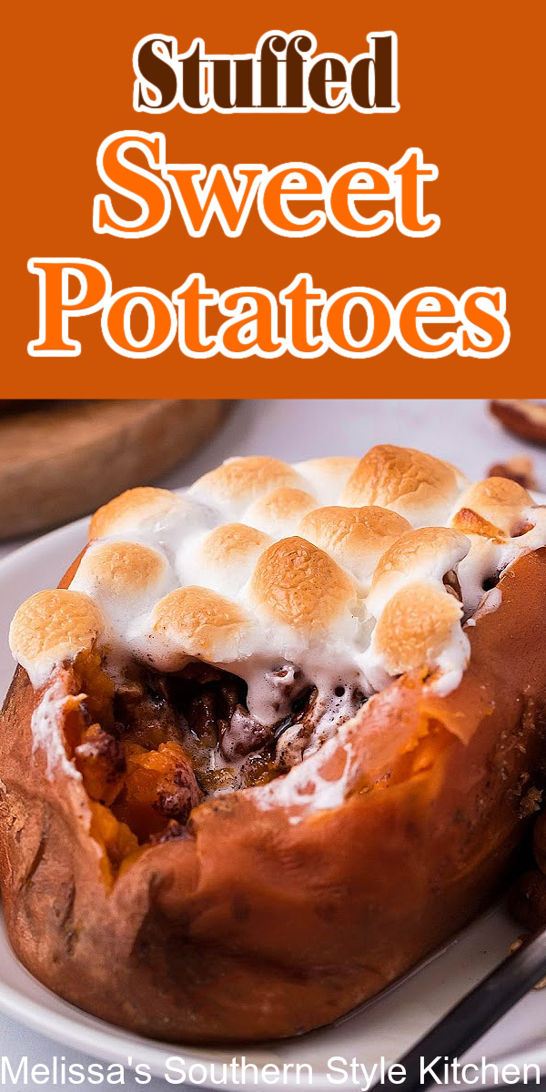 These Stuffed Sweet Potatoes are filled with a buttery amalgamation of brown sugar and pecans topped with toasted gooey mini marshmallows #sweetpotatoes #stuffedsweetpotatoes #sweetpotatocasserole #bakedsweetpotatoes #holidaysidedishrecipes #thanksgivingrecipes #easterrecipes #christmasrecipes #southernfood #southernrecipes
