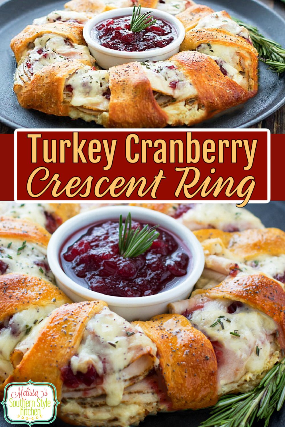 Turn leftover turkey or deli turkey into a rock star snack with this Turkey Cranberry Crescent Ring #turkey #leftoverturkey #crescentrolls #turkeycrescentring #thanksgiving #fallbaking #appetizers #christmas #southernfood #southernrecipes #cranberrysauce via @melissasssk