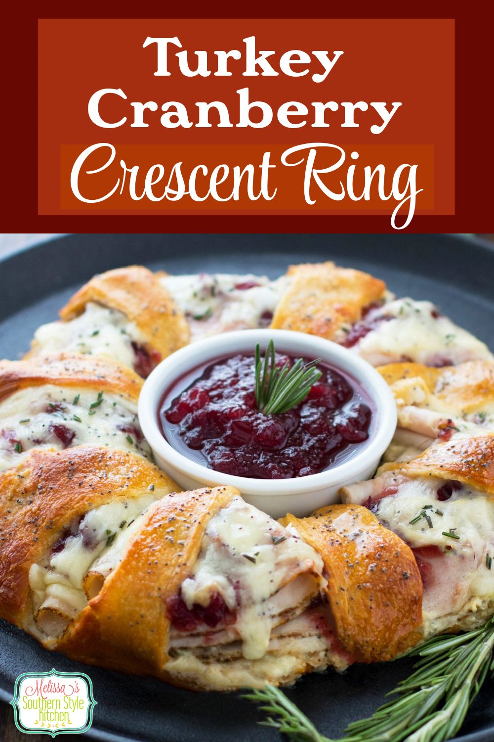 Turn leftover turkey or deli turkey into a rock star snack with this Turkey Cranberry Crescent Ring #turkey #leftoverturkey #crescentrolls #turkeycrescentring #thanksgiving #fallbaking #appetizers #christmas #southernfood #southernrecipes #cranberrysauce
