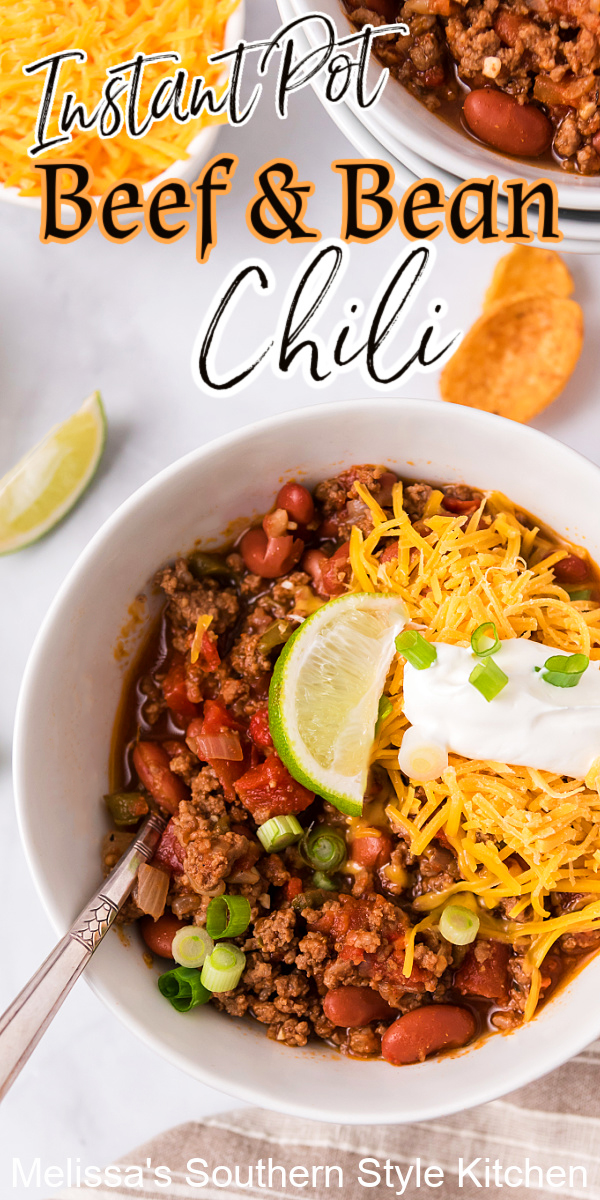Instant Pot Beef and Bean Chili is packed with flavor. It makes a fun supper or game day snack in no time flat #instantpotchili #beefandbeanchili #instantpotrecipes #easygroundbeefrecipes #chilirecipes #chiliwithbeans #dinner #dinnerrecipeideas #southernfood #southernrecipes