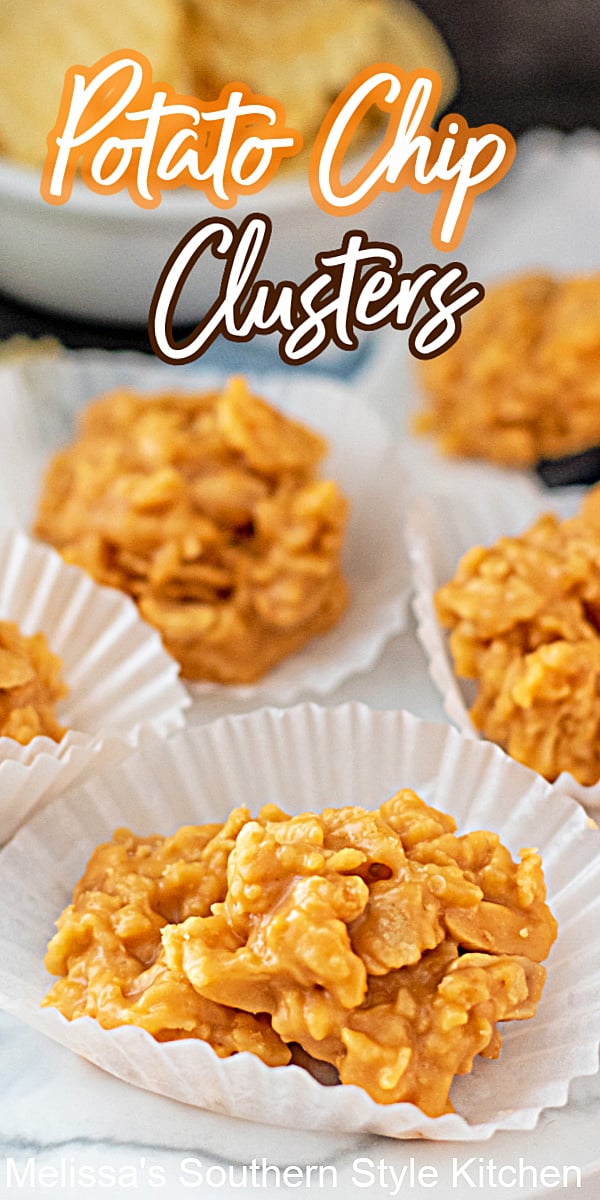 These Potato Chip Clusters feature that sweet and salty flavor combination that moves them to the top of the oh-so-yummy candies to make. #potatochipclusters #potatochipcandy #potatochips #candy #easycandyrecipes #butterscotch #sweets #desserts #dessertfoodrecipes #holidayrecipes #christmascandy
