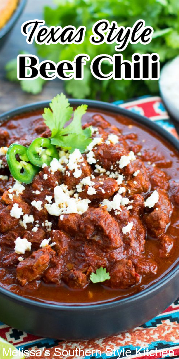 This rich and hearty all beef Texas Style Chili is packed with flavor and color to boot #texaschili #chilirecipes #chili #beefrecipes #chuckroastrecipes #nobeanschilirecipe #dinner #dinnerideas #southernfood #southernrecipes