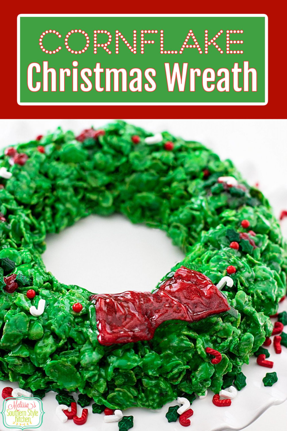 These easy Cornflake Christmas Wreath is a delicious kid-friendly project that will get the entire family involved in making #cornflakewreaths #christmaswreaths #cornflakes #cornflaketreats #marshmallows #desserts #christmas #christmasdesserts #kidfriendly #dessertfoodrecipes #southernfood #southernrecipes via @melissasssk