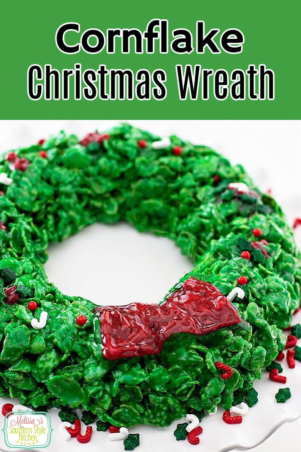 These easy Cornflake Christmas Wreath is a delicious kid-friendly project that will get the entire family involved in making #cornflakewreaths #christmaswreaths #cornflakes #cornflaketreats #marshmallows #desserts #christmas #christmasdesserts #kidfriendly #dessertfoodrecipes #southernfood #southernrecipes