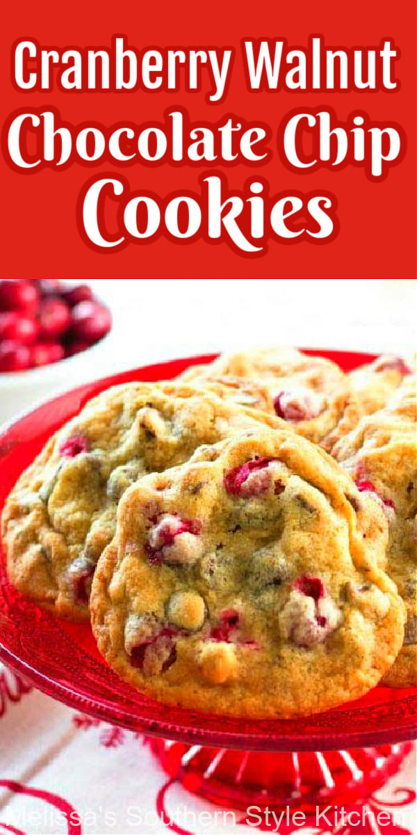 Add these festive Cranberry Walnut Chocolate Chip Cookies to your holiday baking plans #chocolatechipcookies #cranberries #cranberrycookies #cranberrycookierecipes #christmascookies #cookieswap via @melissasssk