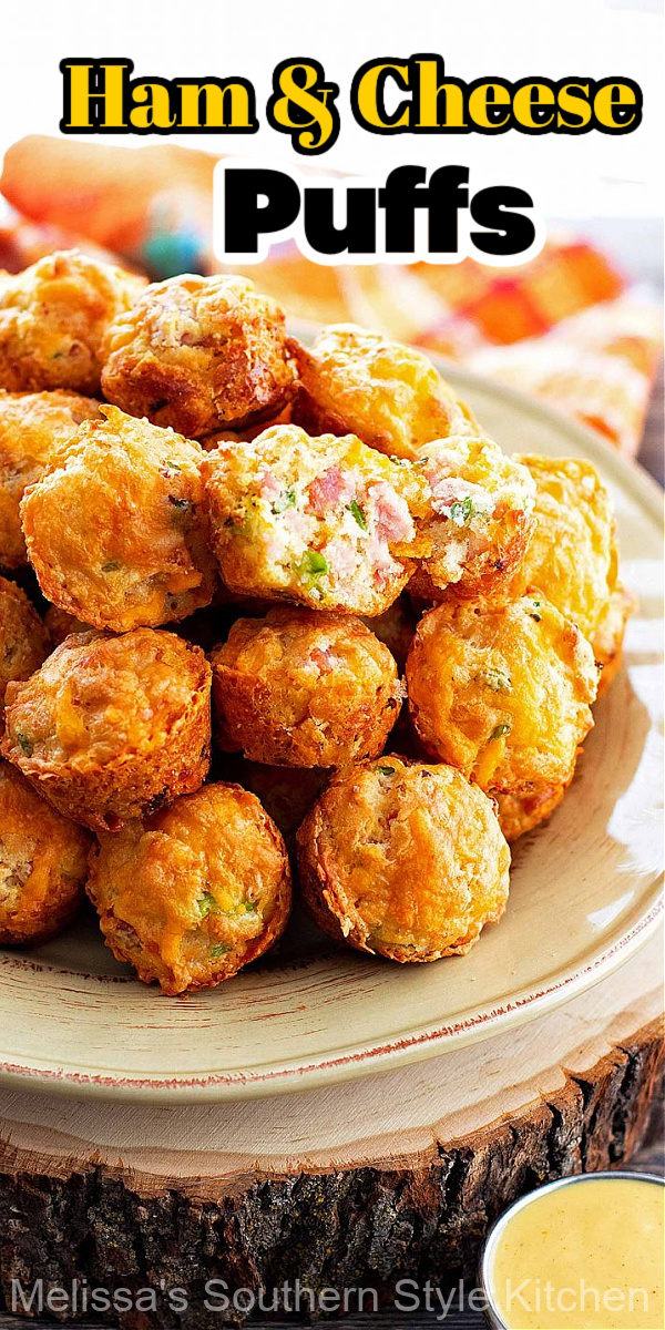These mini two-bite Ham and Cheese Puffs are guaranteed to be devoured #hamandcheesepuffs #hambites #appetizerrecipes #leftoverhamrecipes #ham #gamedayrecipes #minimuffins #puffs #holidayrecipes #southernfood #southernrecipes #snackrecipes